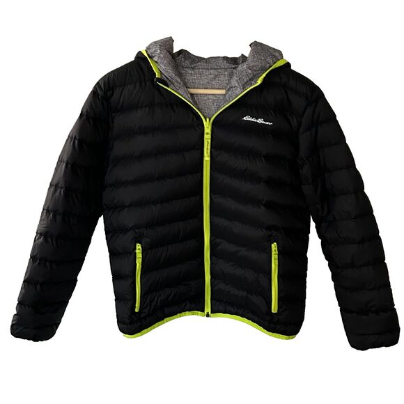 Boys Eddie Bauer Down Coat Size 14 16 Reversible Hooded Black Grey Winter Ski - Picture 1 of 11